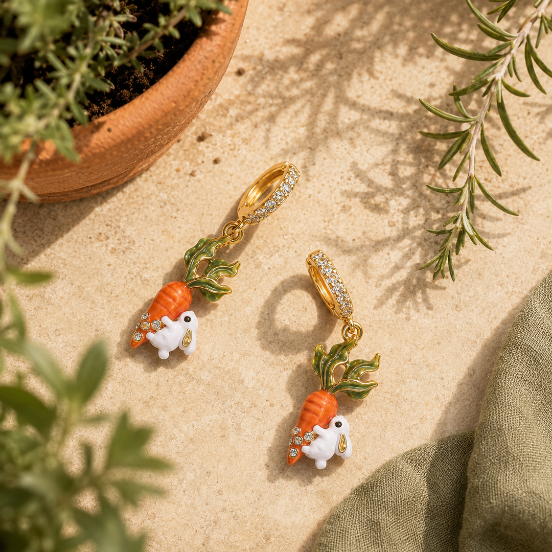 Selenichast Gold Carrot and Rabbit Huggie Earrings Animal Jewelry