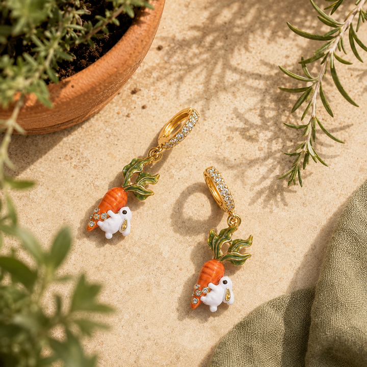 Selenichast Gold Carrot and Rabbit Huggie Earrings Animal Jewelry
