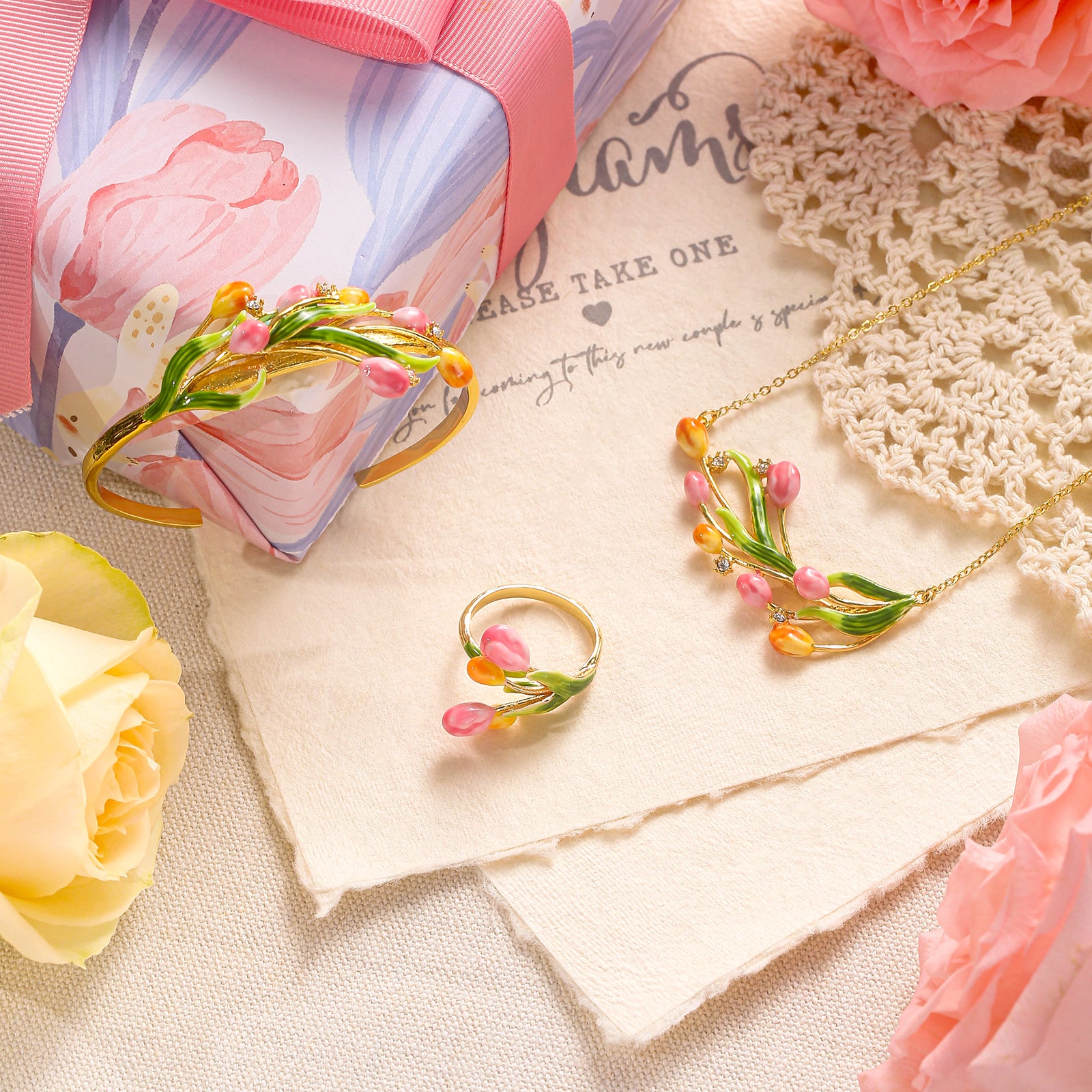 Enamel Tulip Jewelry Set with Gift Wrapping