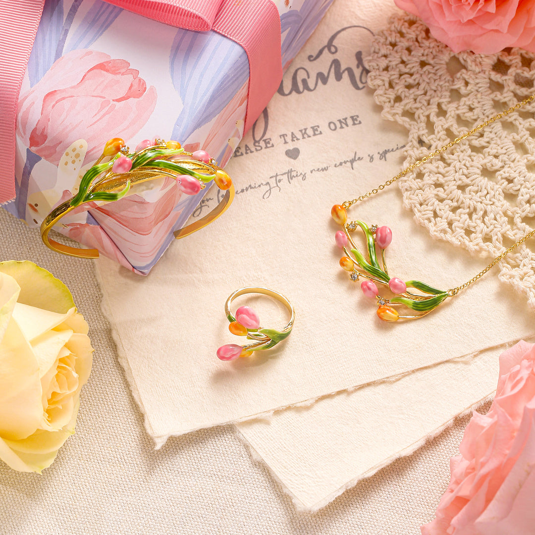 Enamel Tulip Jewelry Set with Gift Wrapping