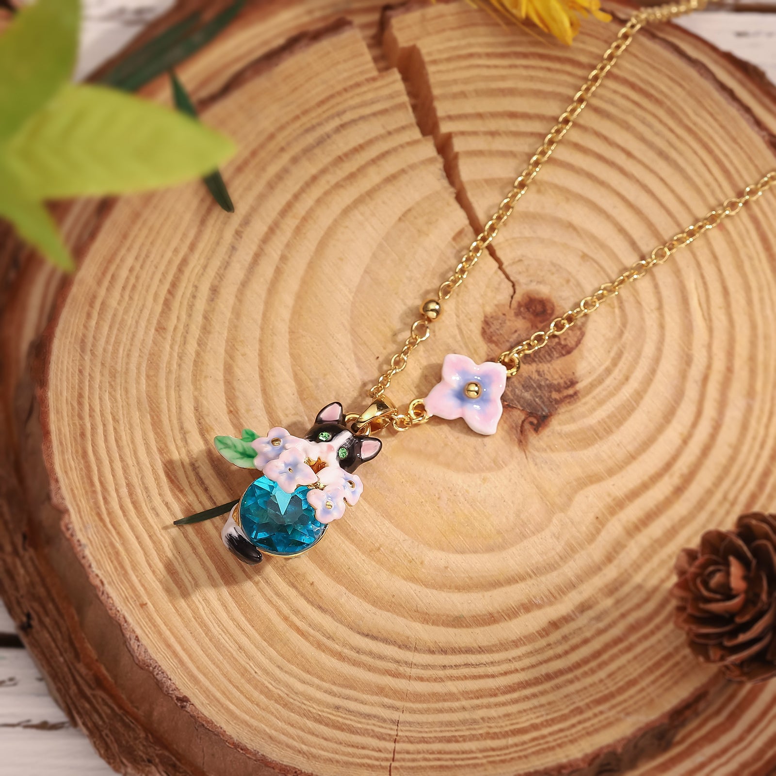 Enamel Kitten Sapphire Bloom Necklace
