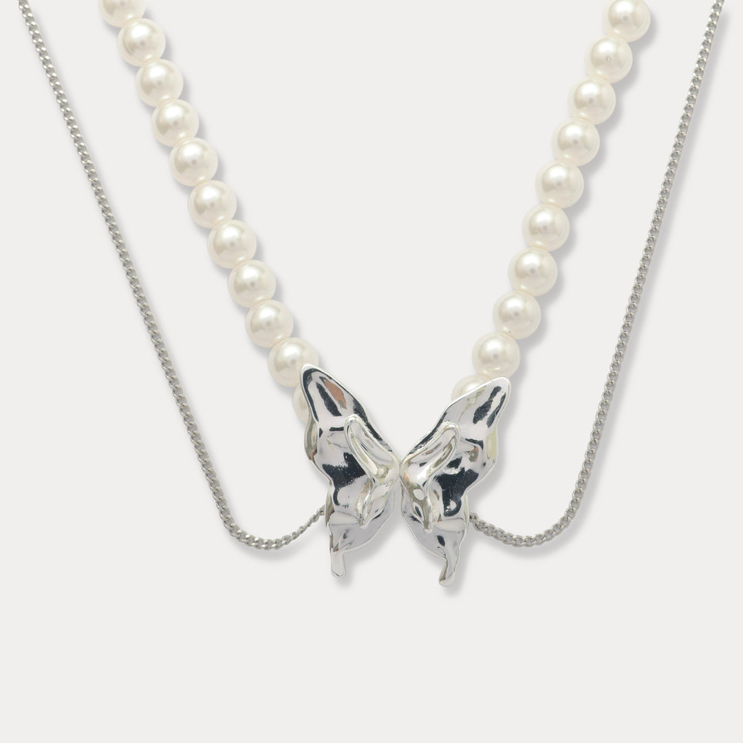 Silver Pearl Butterfly Necklace