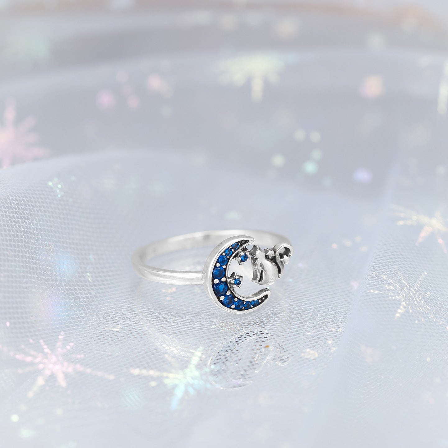 Silver Blue Moon Cat Ring