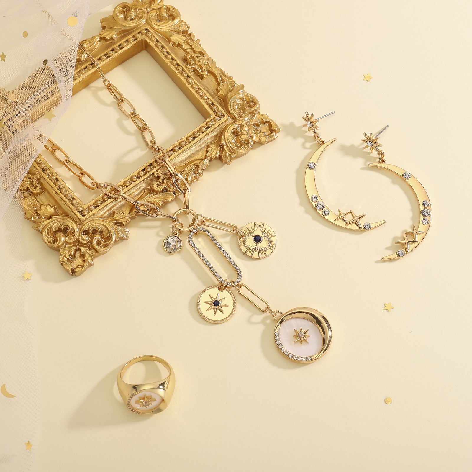 Crescent Star Diamond Ring Jewelry Set