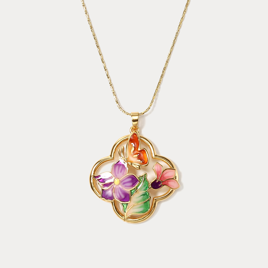 Vintage Garden Butterfly Oil Painting Necklace