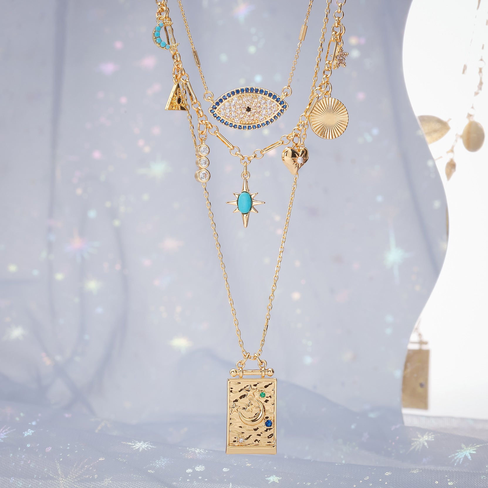 Cosmic Evil Eye Layered Compass Necklace