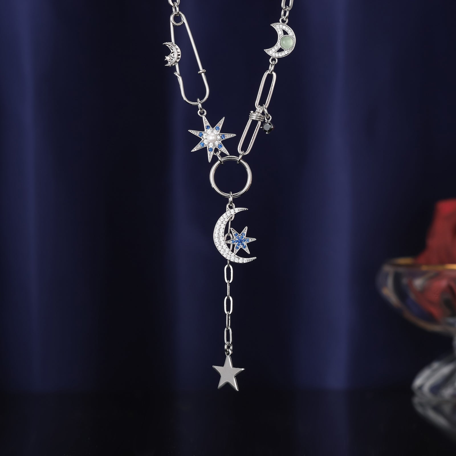 Guardian of the Stars and Moon Silver Diamond Necklace