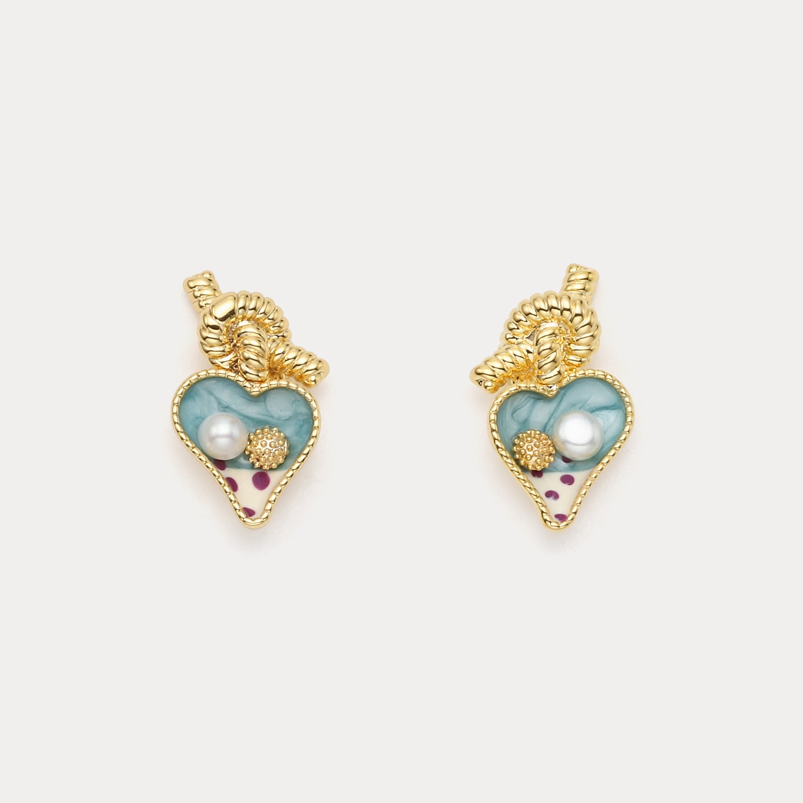Selenichast Enamel Heart Knot Oil Painting Earrings with Pearl