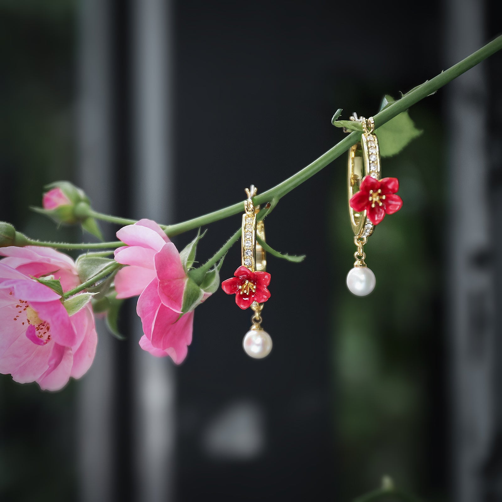 Enamel Begonia Flower Hoops Earrings