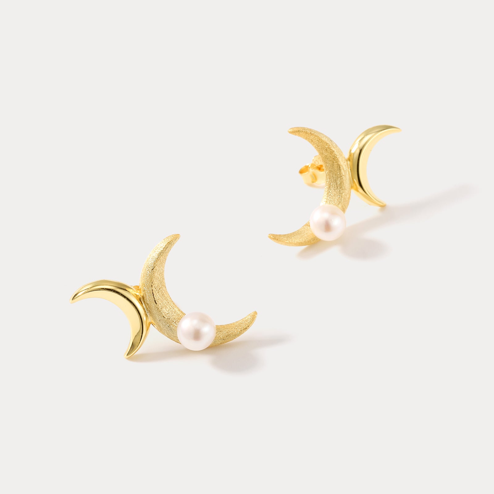 Gold Double Moon Pearl Small Earrings