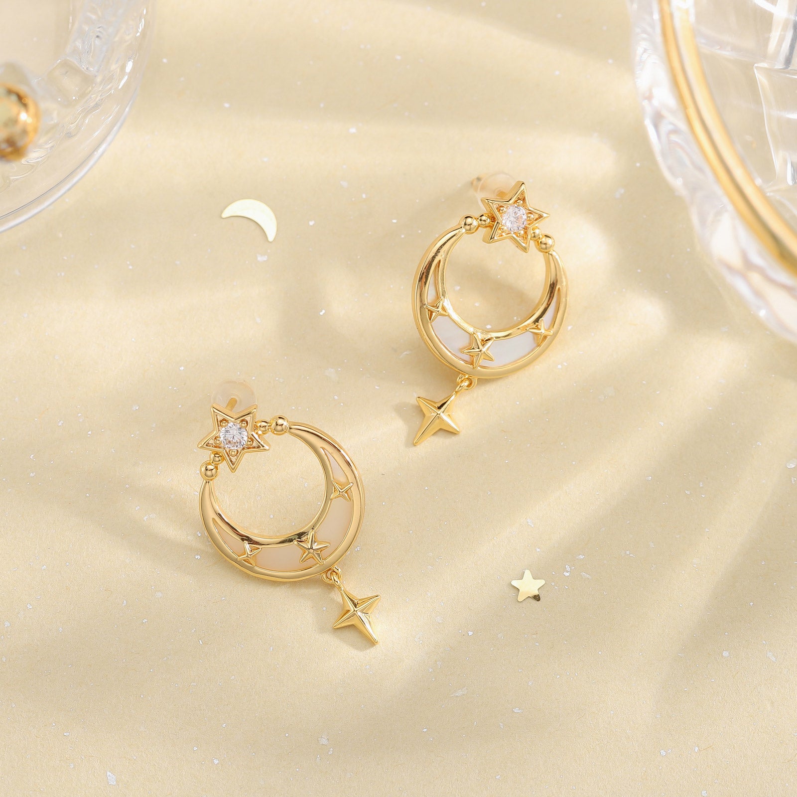 Crescent North Star Gold Dangling Earrings