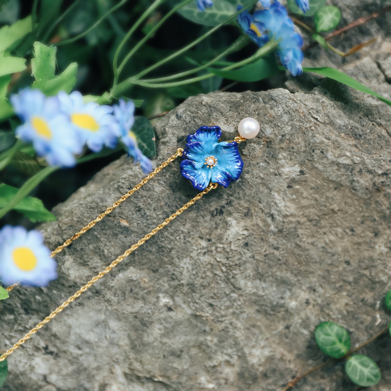 Blue Corn Poppy Enamel Necklace