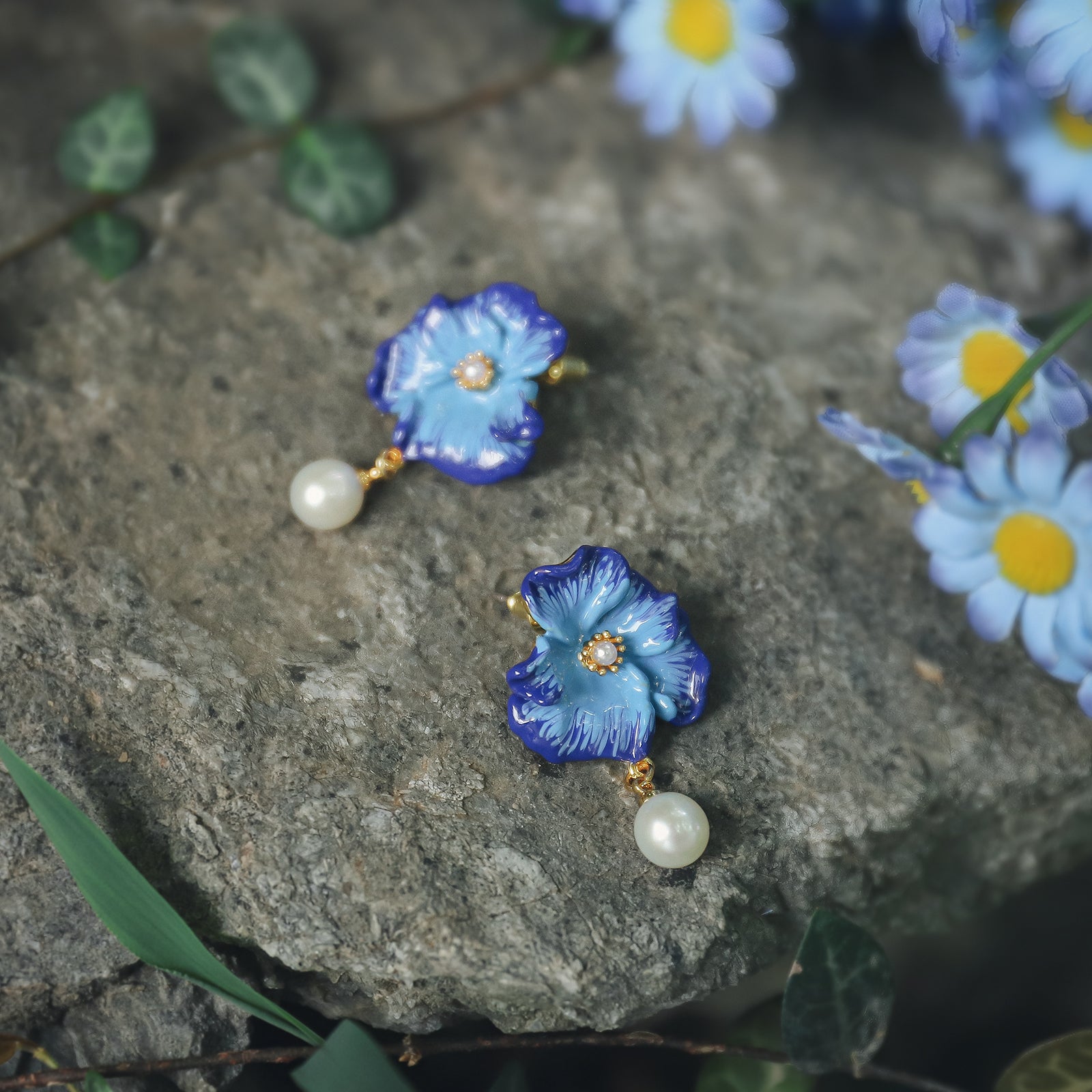 Enamel Blue Corn Poppy Earrings