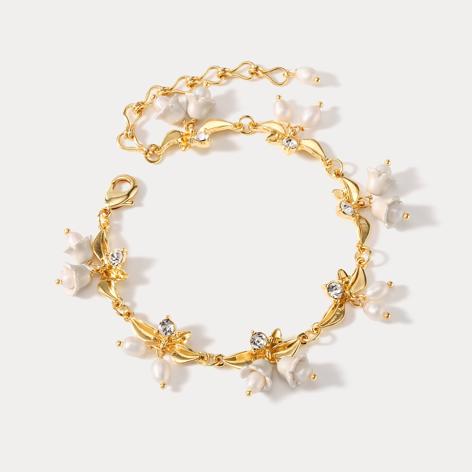 Golden Lily of The Valley Pearl Charms Bracelet