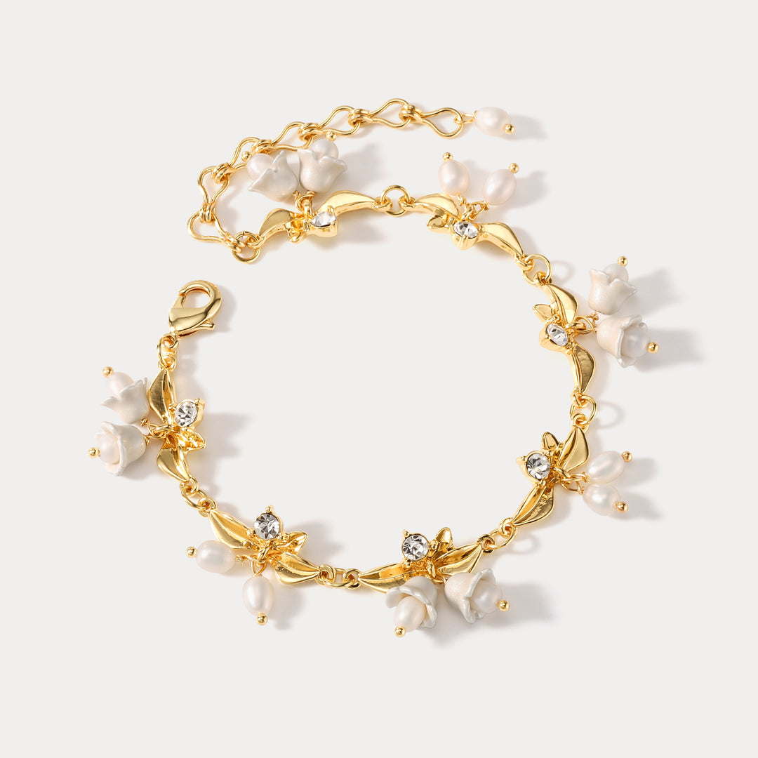 Golden Lily of The Valley Pearl Charms Bracelet