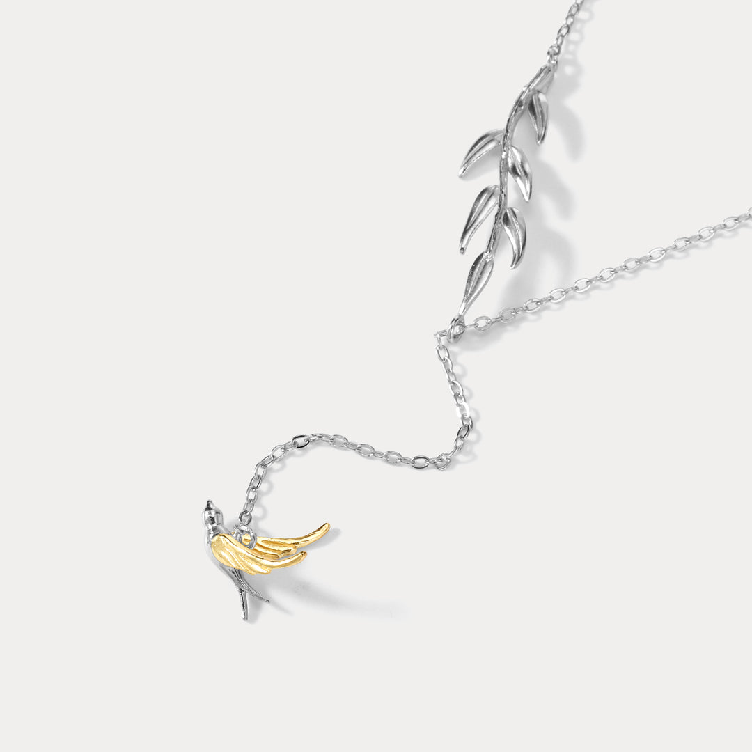 925 Sterling Silver Gold Swallow & Willow Pendant Necklace