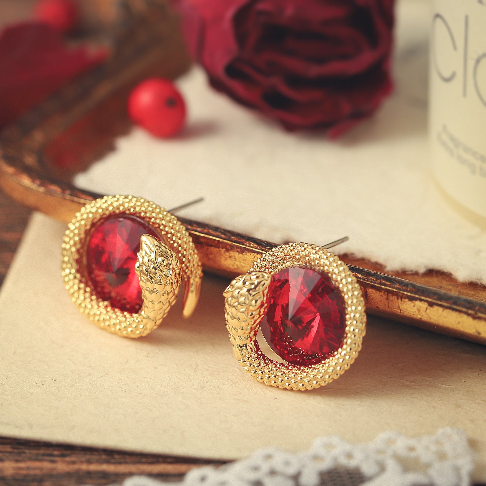 Golden Serpent Red Diamond  Stud Earrings