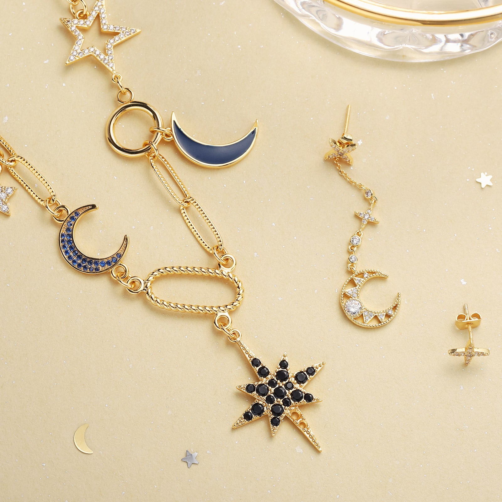 Moon Star Diamond Necklace and Earrings