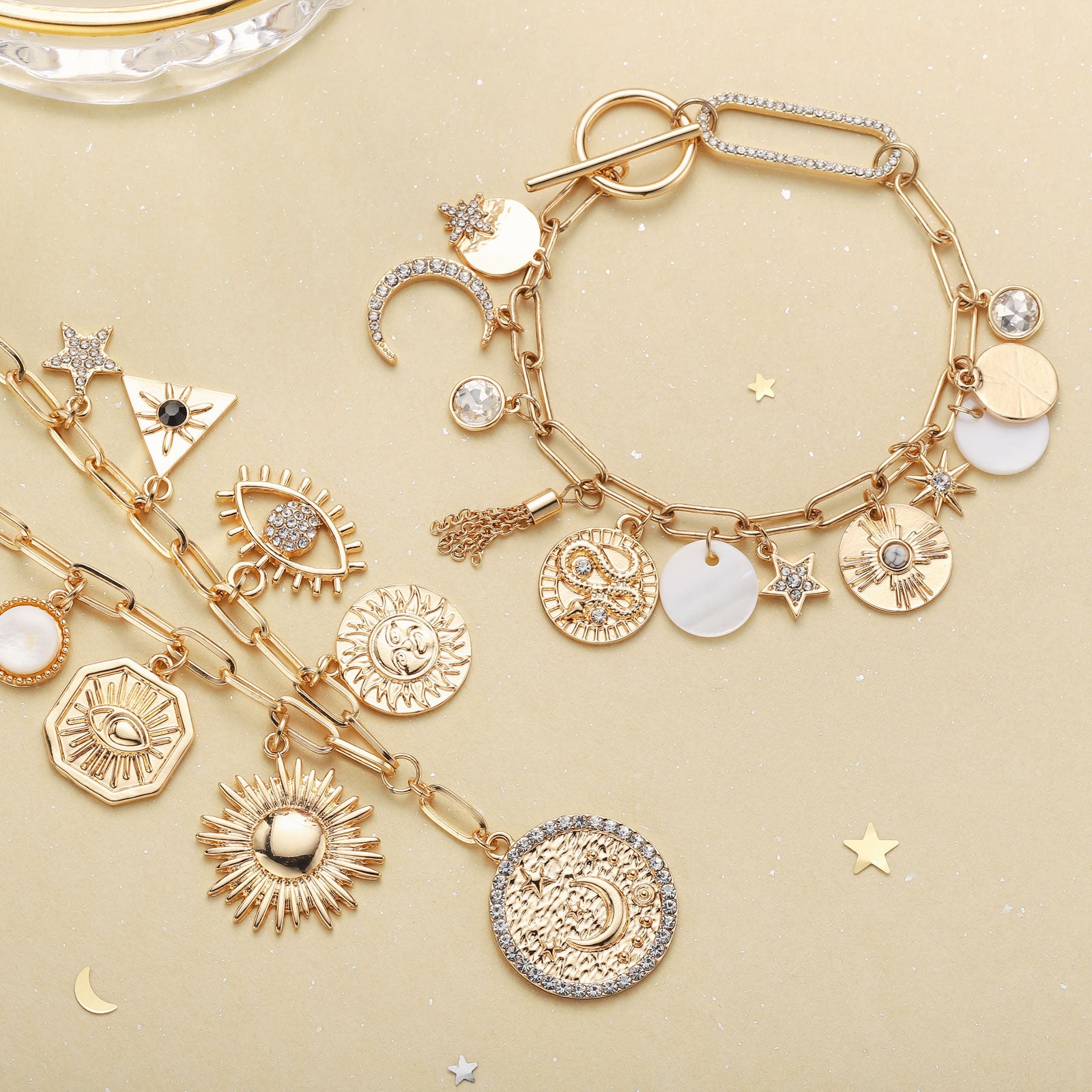 Moon Star Alloy Shell Diamond Bracelet and Necklace