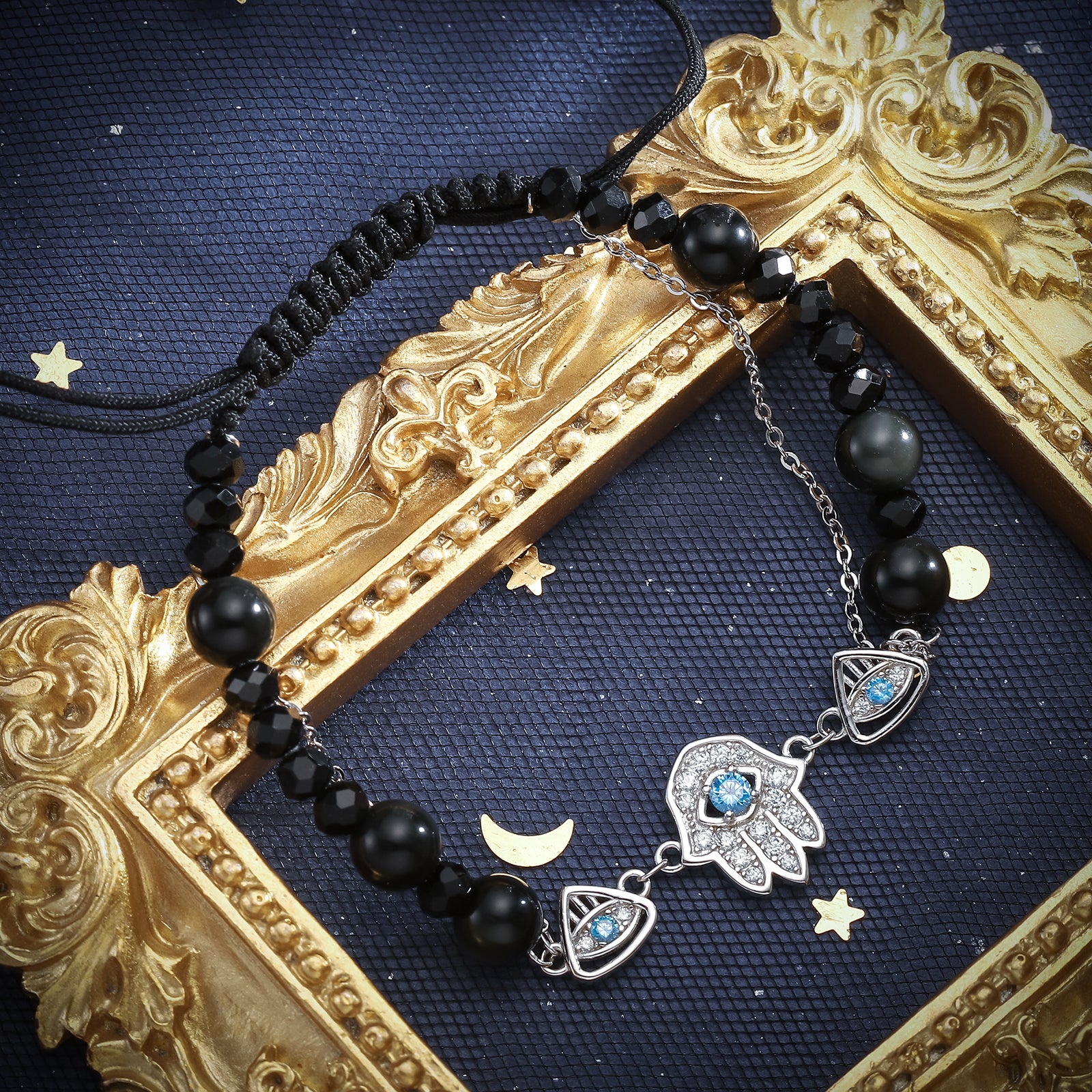 Hamsa Hand Braided Black Beads Bracelet
