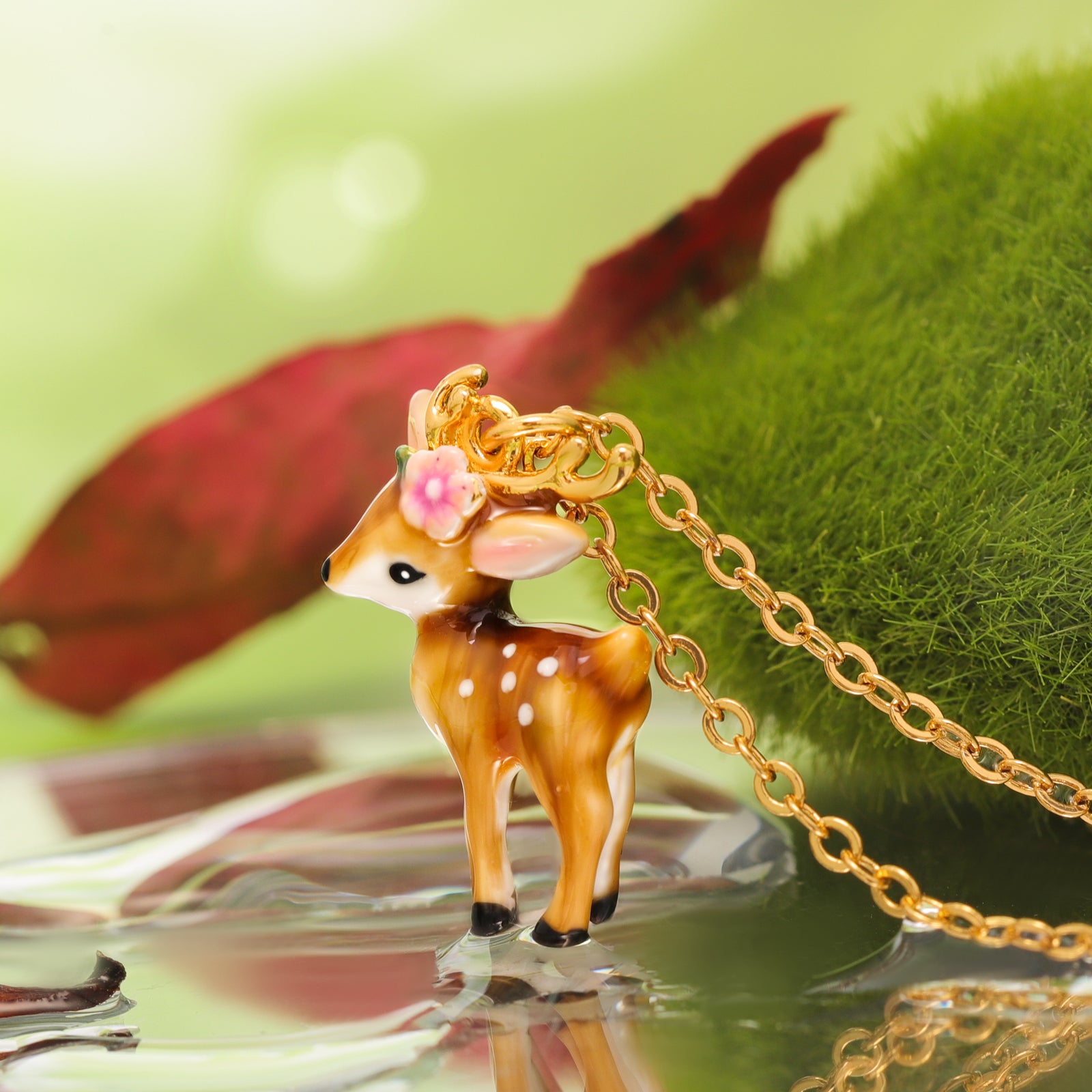 Selenichast Enamel Deer 18K Gold On Brass Pendant Necklace Animal