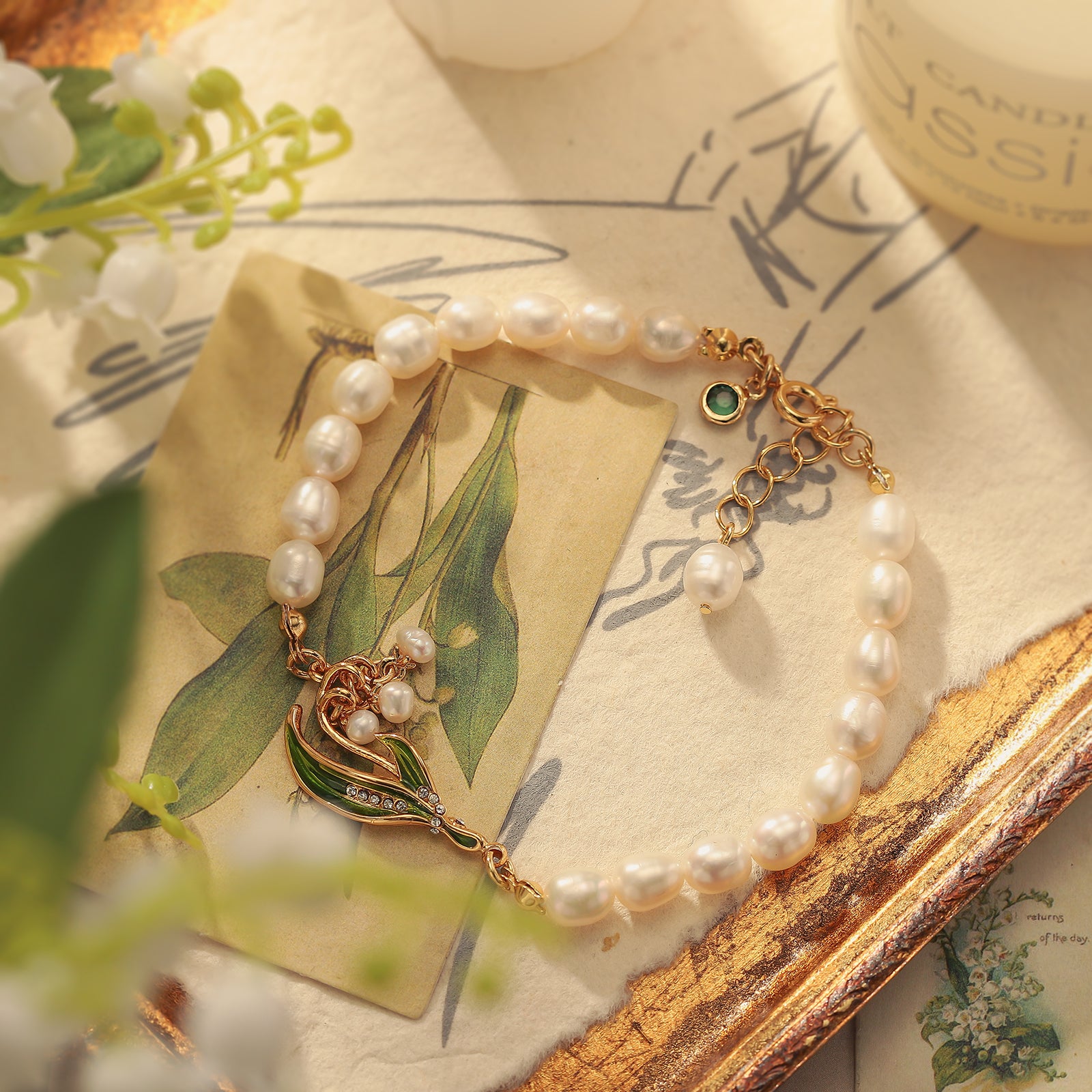 Lily Of The Valley Baroque Pearl Green Gem Bracelet