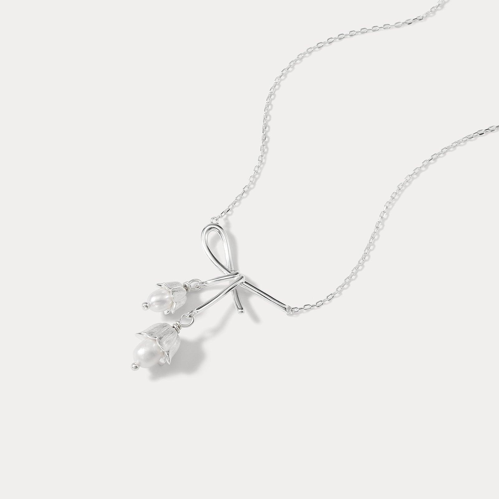 Silver Lily Of The Valley Bow Real Pearl Necklace