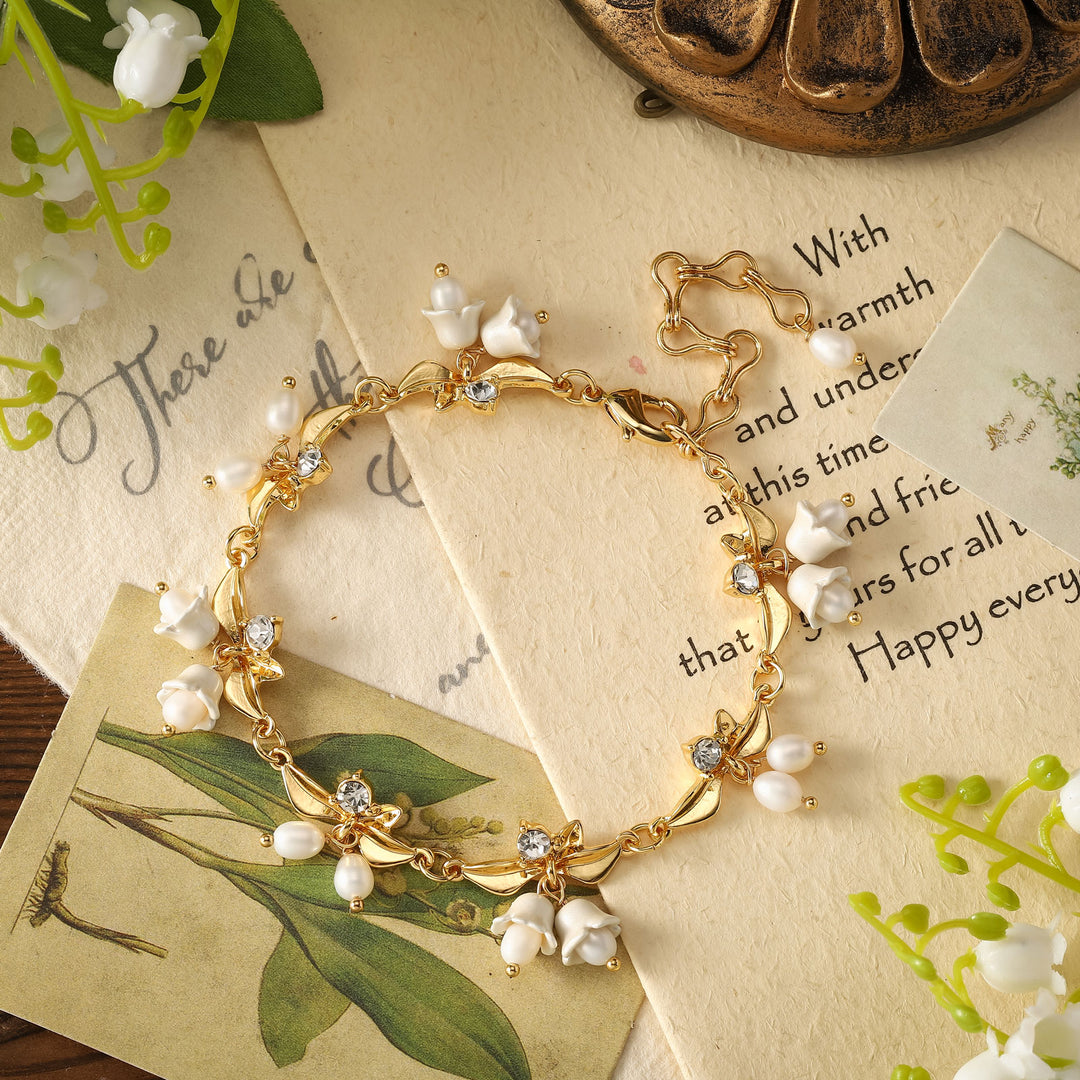 lily flower bracelet Selenichast Pearl Zirconia Lily Of The Valley Flower 18K Gold On Brass Charms Bracelet Nature Inspired Classic Jewelry Gift Ideas For Women