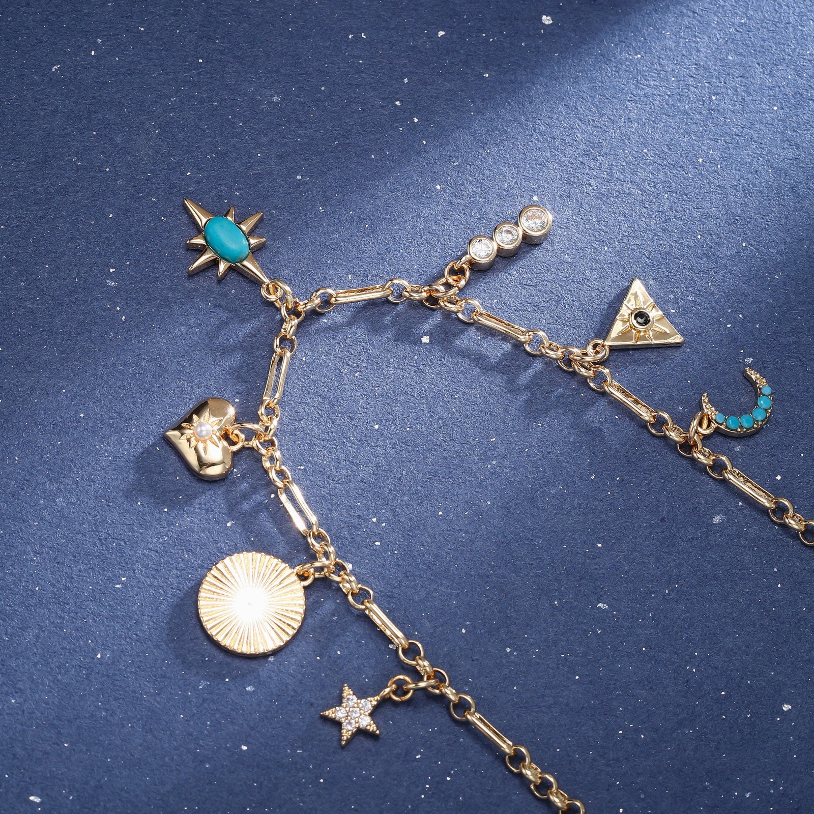 Turquoise Moon Star Gold Charm Necklace