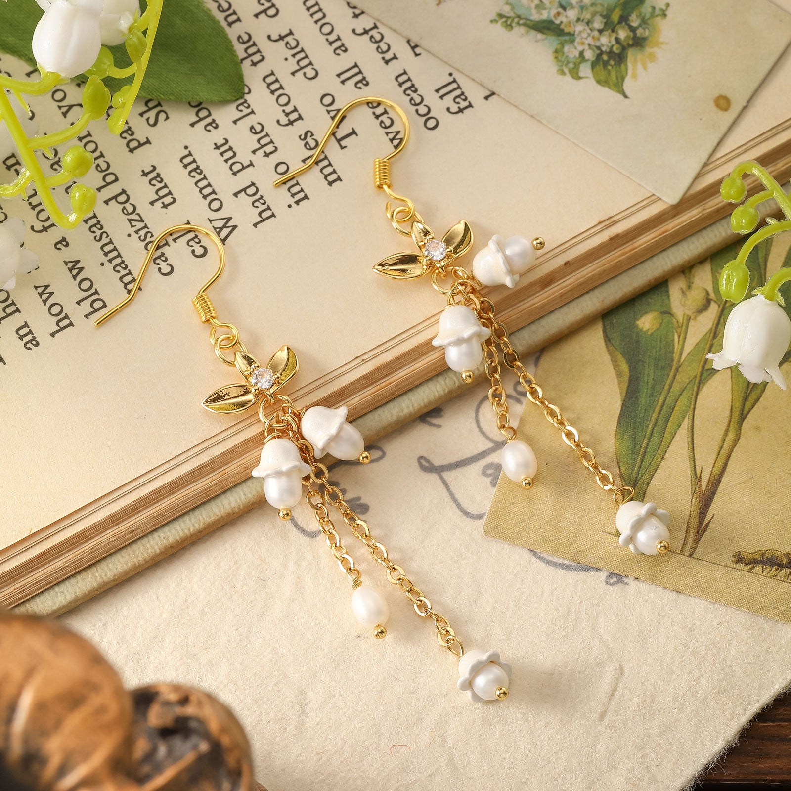 Golden Lily of The Valley Pearl Earrings