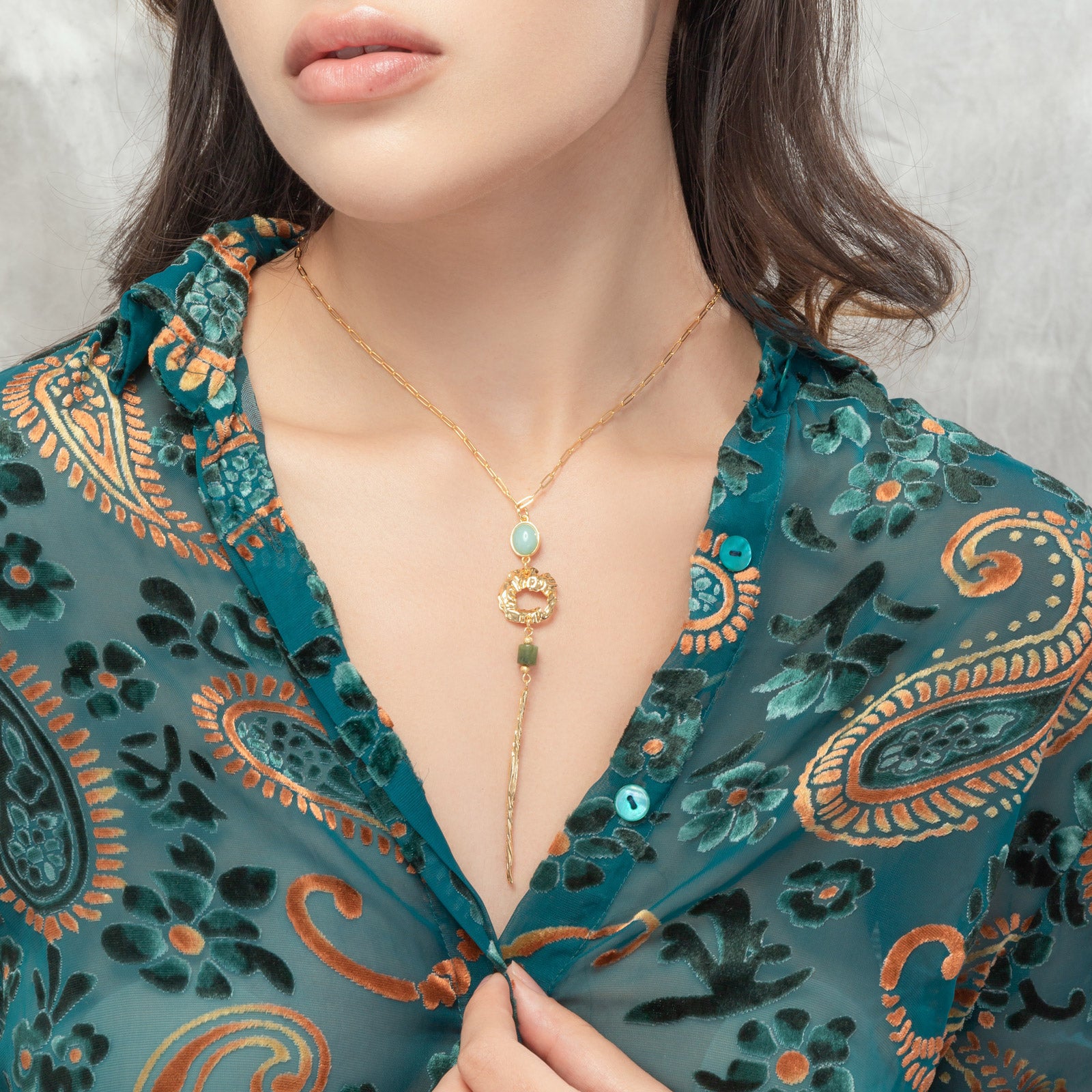 Green Gemstone Long Brass Necklace
