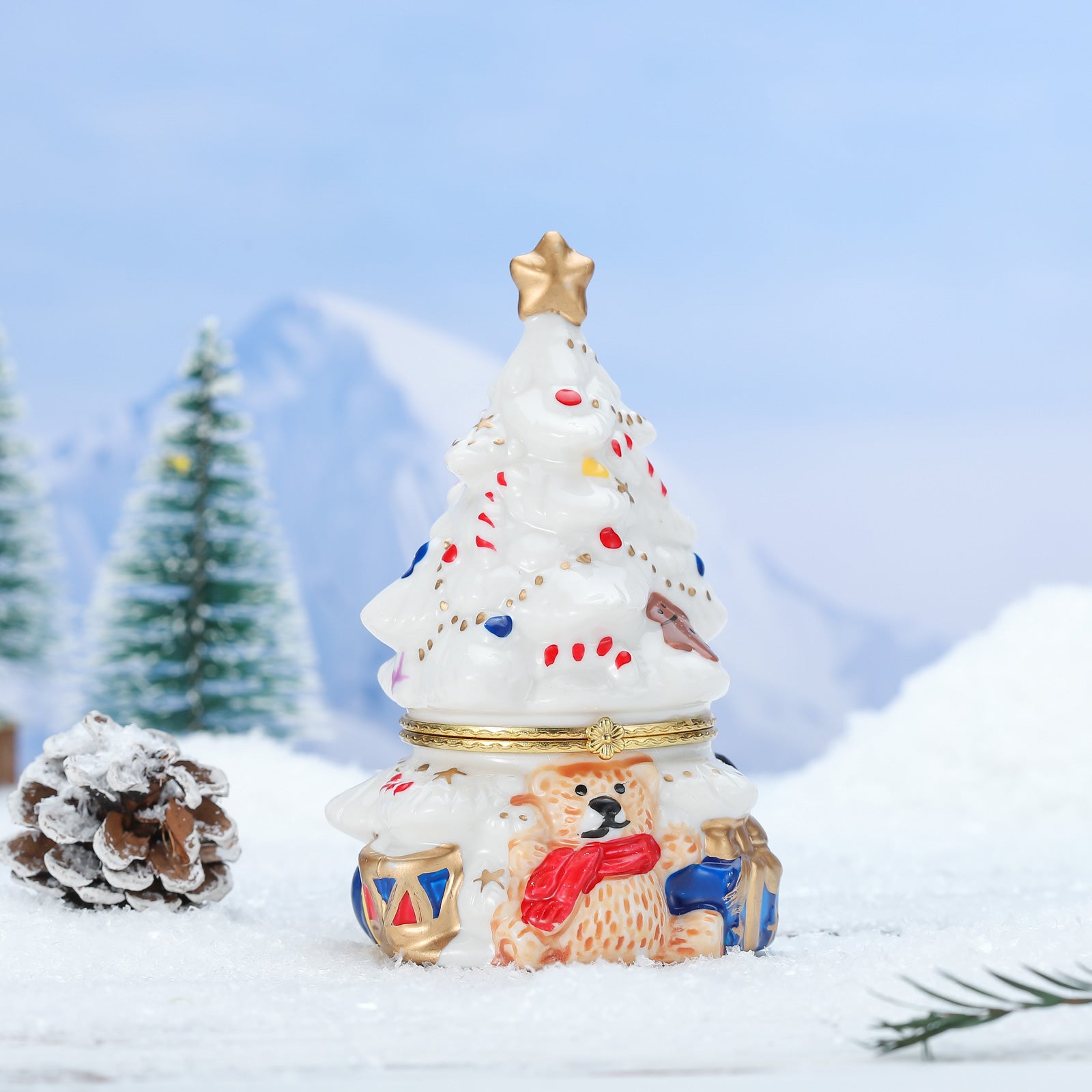 Fuzzy Bear Christmas Tree Porcelain Jewelry Box