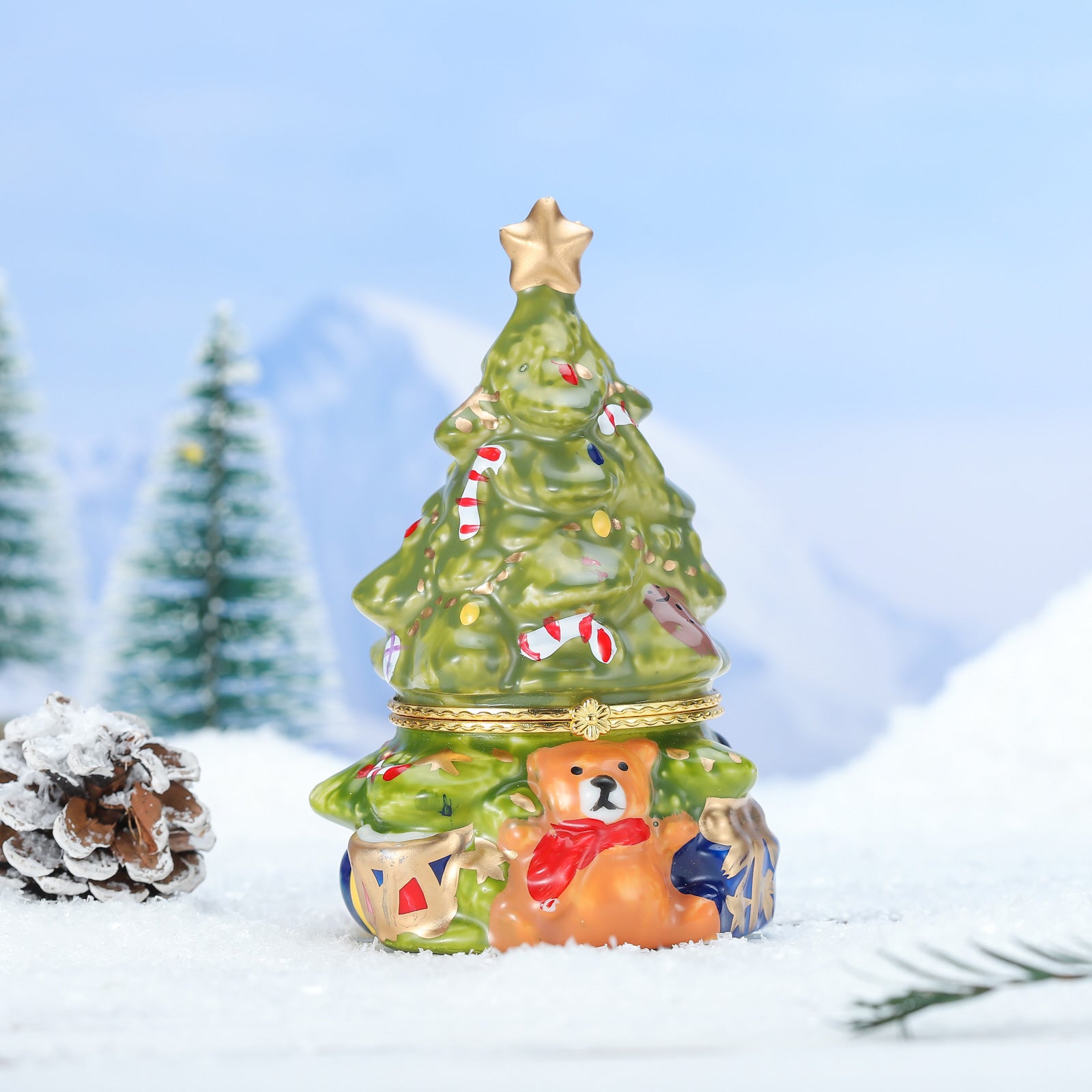 Fuzzy Bear Christmas Tree Vintage Jewelry Box