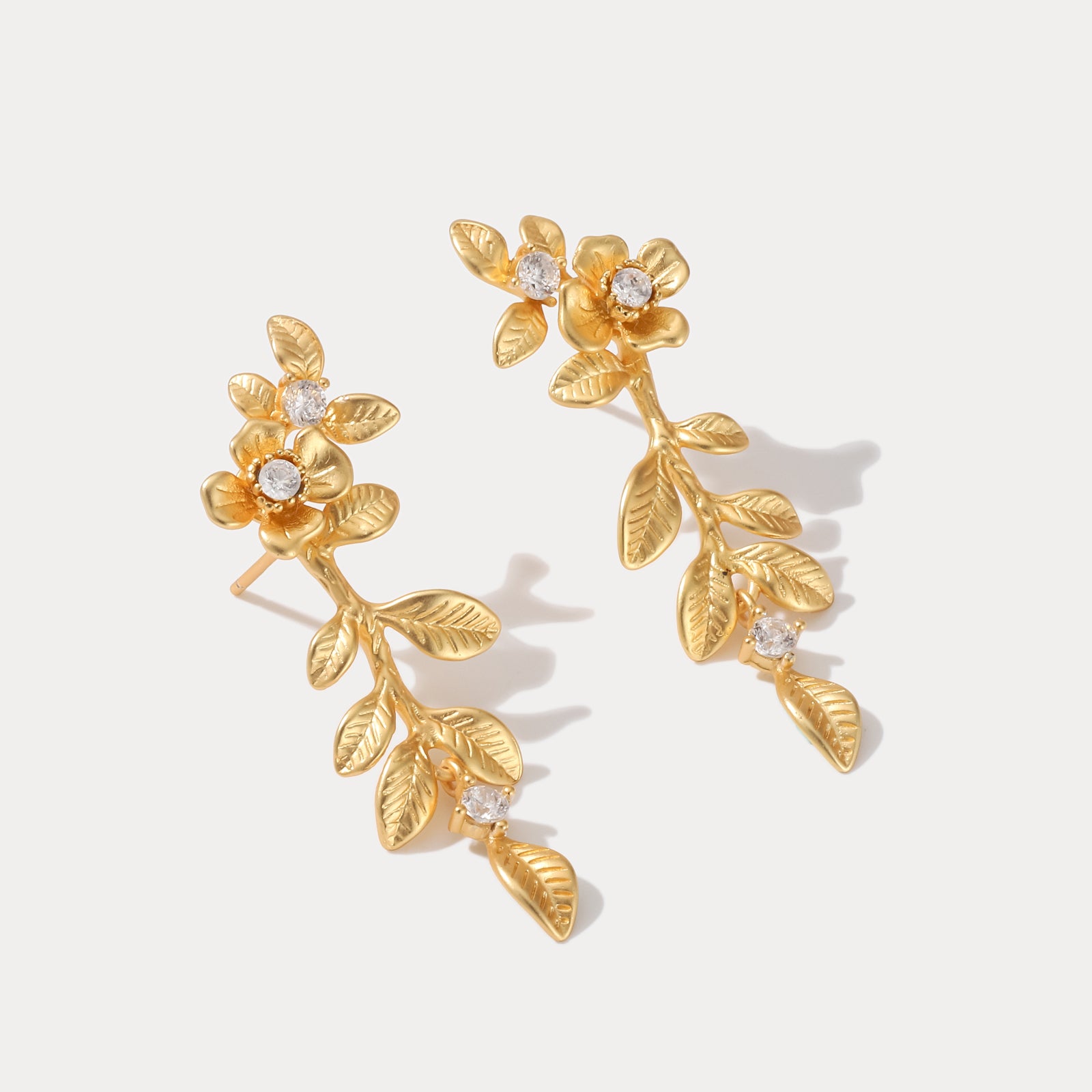 Gold Plated Floral Leaf Drop Earrings