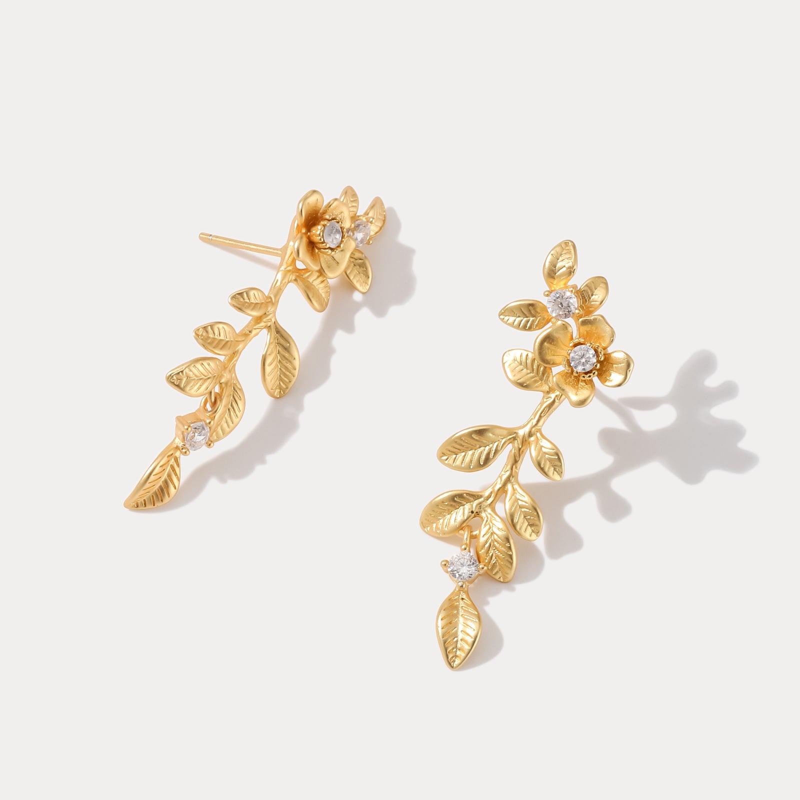 Diamond Gold Floral Leaf Drop Earrings