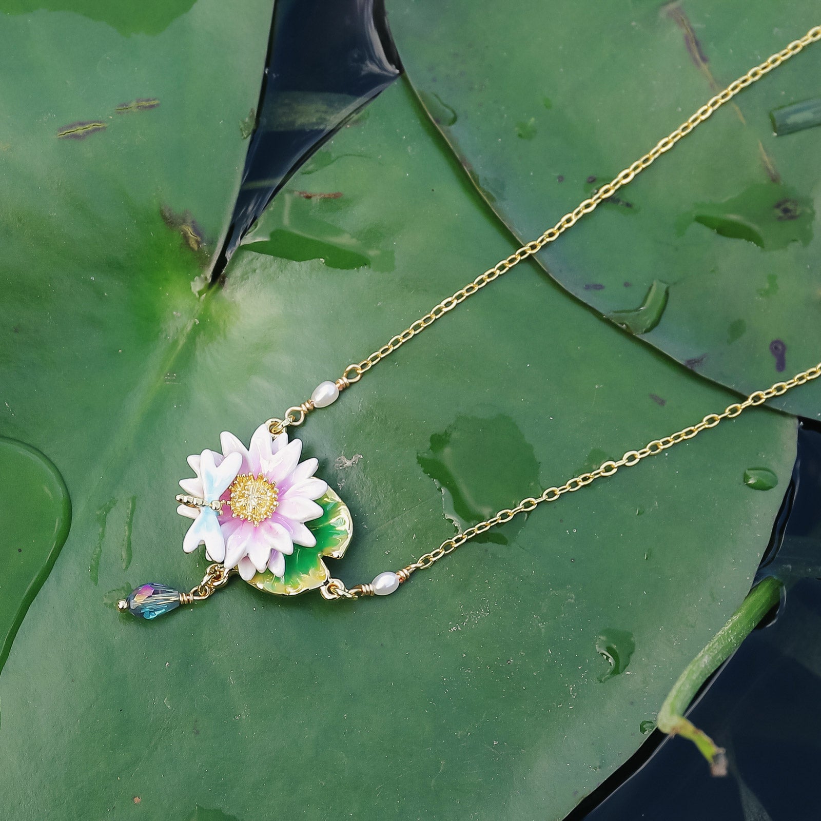 Lotus Dragonfly Enamel Necklace