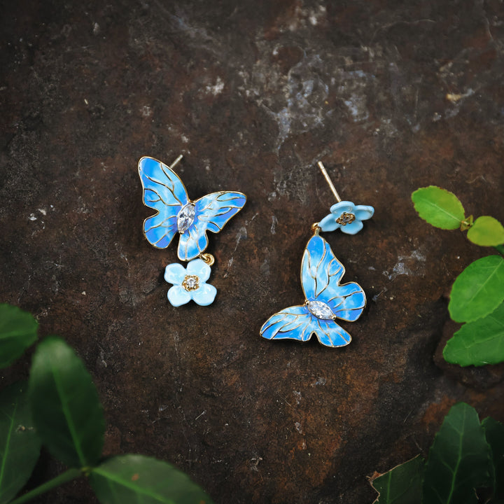 Blue Morpho Butterfly Enamel Earrings Gift Set with Gift Wrapping