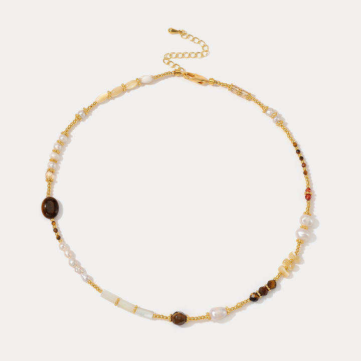 Selenichast Tigers Eye Pearl Seed Beaded Necklace