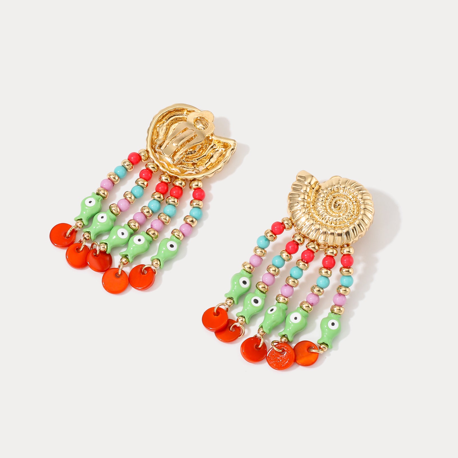Colorful Conch Clip On Beaded Earrings