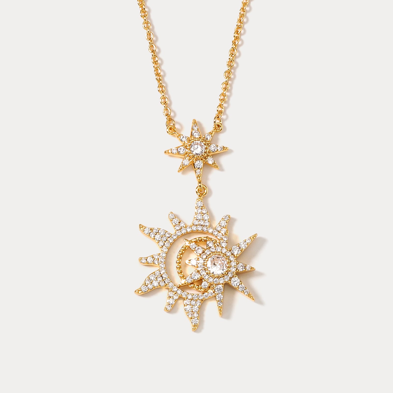Selenichast Gold Diamond Sun Moon and Star Y-Necklace For Women