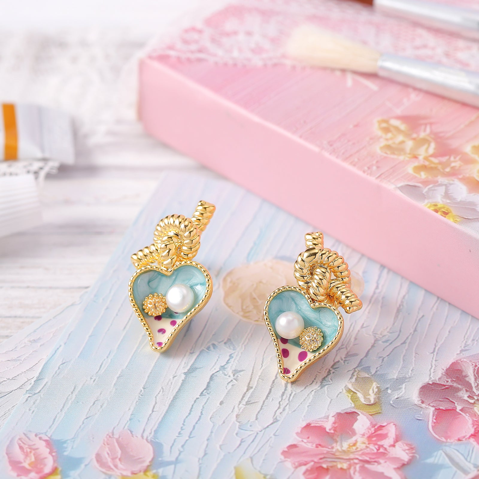 Painted Pearl Heart Stud Earrings For Women