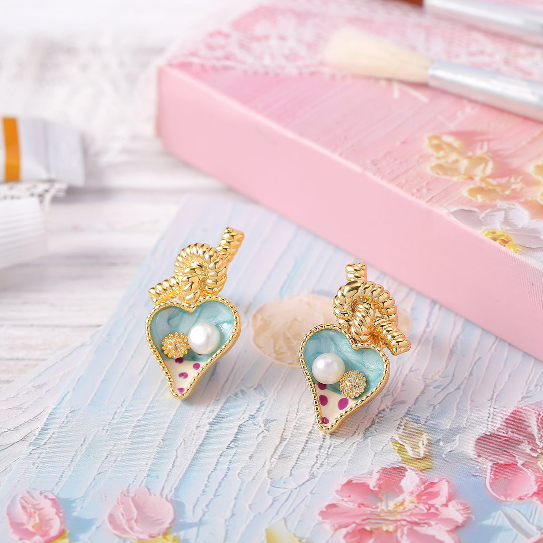 Painted Pearl Heart Stud Earrings For Women