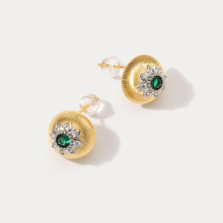 Emerald Flower Round Earrings