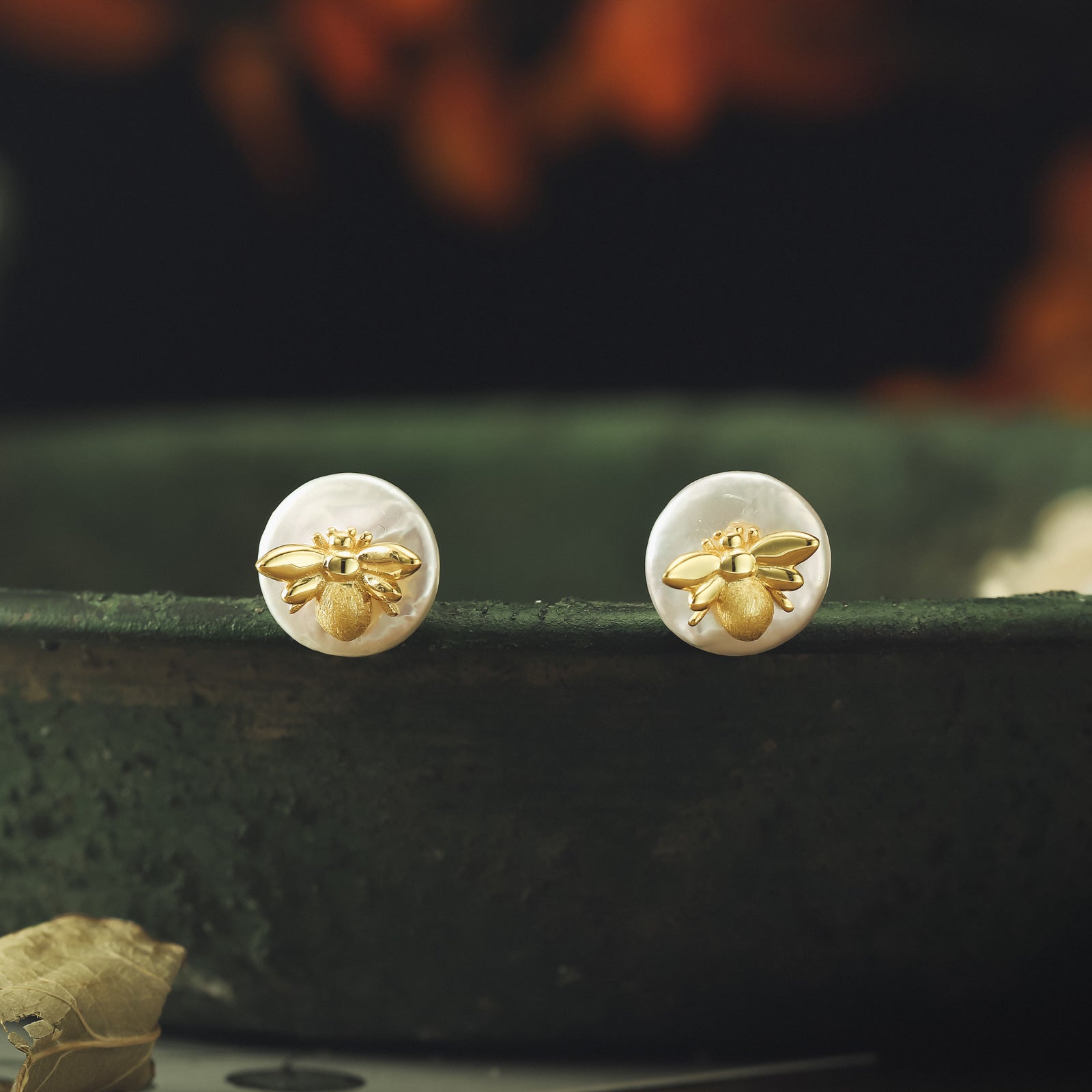 Selenichast Pearl Gold Bee Stud Earrings