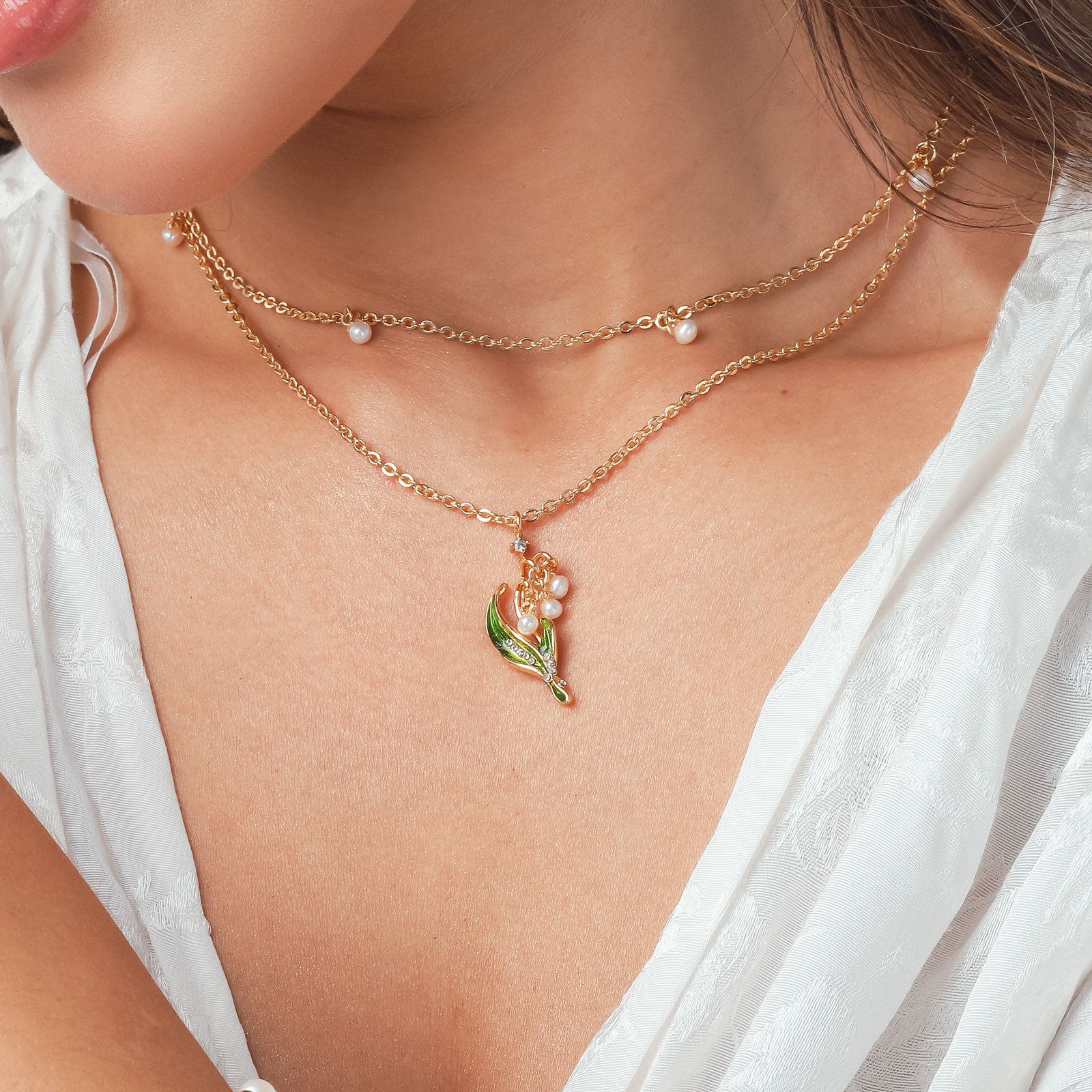 lily of the valley flower layered necklace