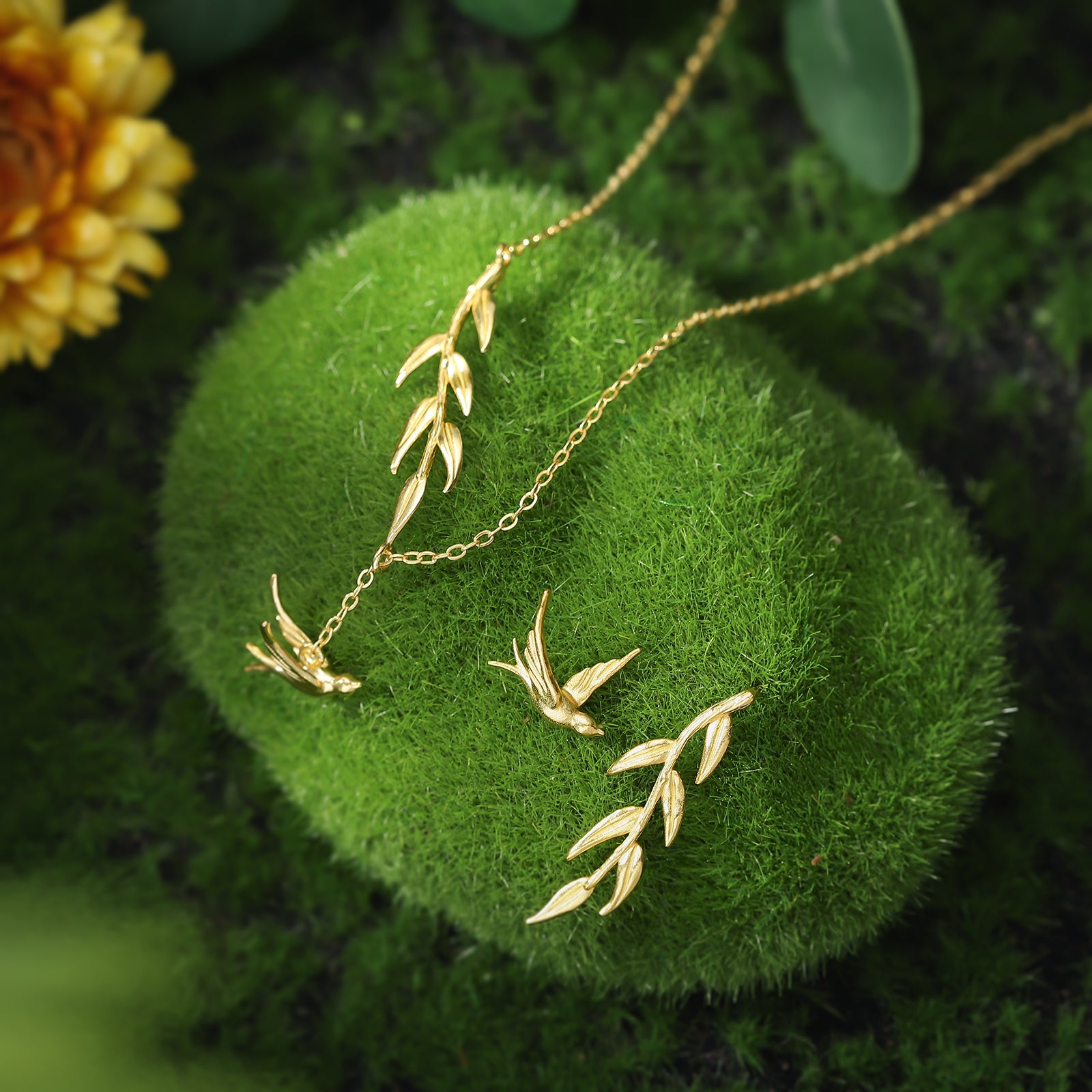 Gold Swallow & Willow Necklace and Earrings