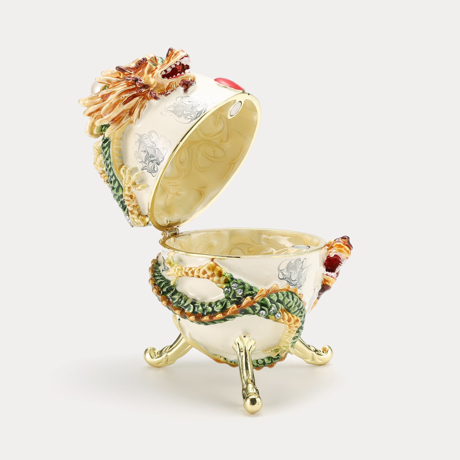 Enamel Dragon White Egg Jeweled Trinket Box