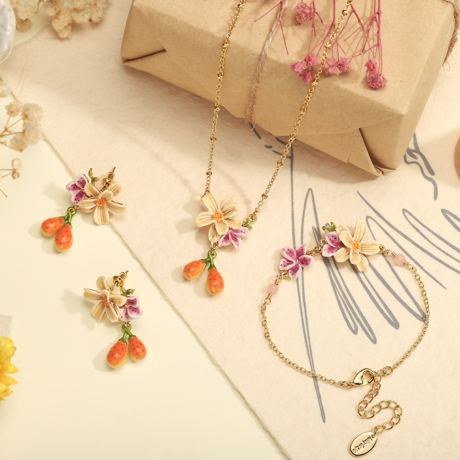 Garden Flower Enamel Bracelet Jewelry Set