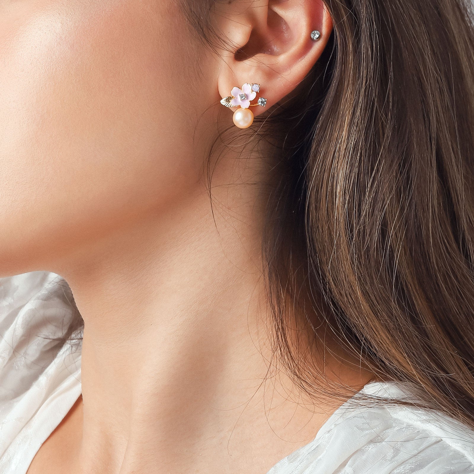 Flower Sakura Pearl Diamond Earrings Jewelry