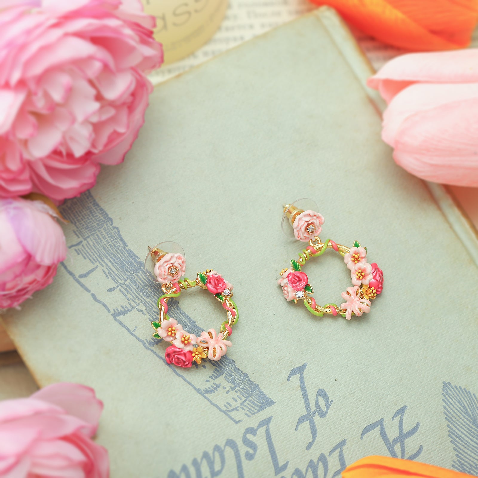Garden Flower Hoop Pink Earrings